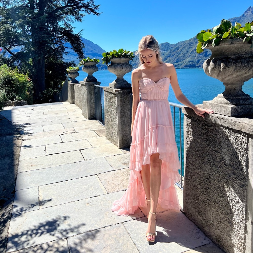 Mac Duggal Beaded Ruffle High Low Gown in Ice Pink